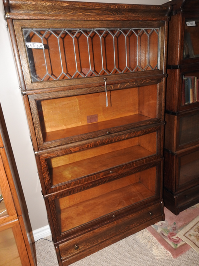antique barrister bookcase 4 level 1 lead window, drawer in base, View more