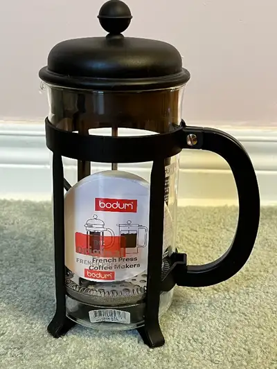 - Bodum French press 1908 model in black (1908-01B) - approx 4.5” D x 6.5” W x 10.2” H - made in Por...