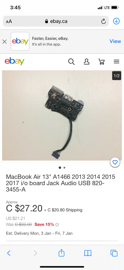 MacBook Air 13" A1466 2013 2014 2015 2017 i/ board Jack parts, View more
