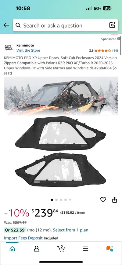 KEMIMOTO PRO XP Upper Doors, Soft Cab Enclosures 2024 Version Zippers Compatible with Polaris RZR PR...