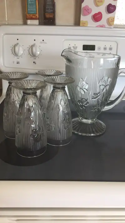 Jeanette Glass Iris & Herringbone Crystal  Pitcher & 4 Tumblers, View more