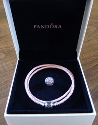 Bracelet en cuir Pink/Rose_Pandora_38cm avec charm Pink Natures