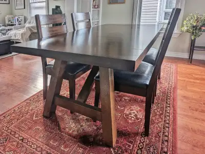 Trendy urban farmhouse trestle dining table extendible from 70" up to to 96" (8 feet). 42" width. In...