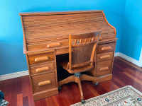 Solid Oak Roll Top Desk and Matching Solid Oak Chair