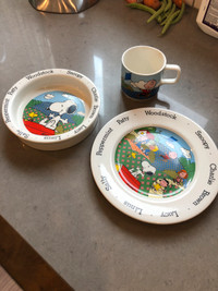 Peanuts snoopy ceramic set mug plate bowl vintage kids