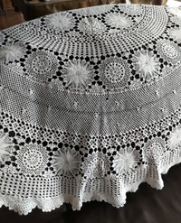 62" Round Hand-Made Crocheted White Tablecloth, New/Like-New