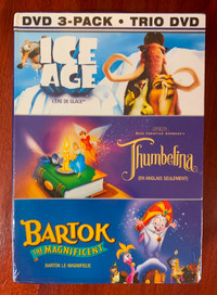 THUMBELINA, BARTOK THE  MAGNIFICENT, ICE AGE, 3 dvd box set NEW