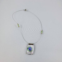 Necklace With Glass Pendant With Blue And Green Swirl Handmade