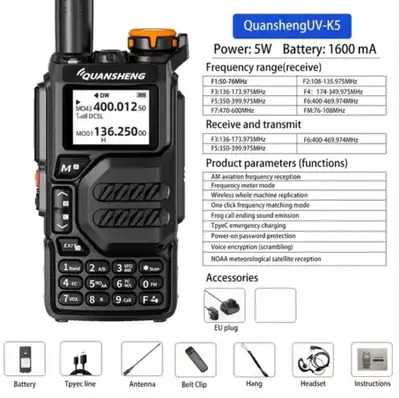 Brand new Radio, with custom firmware, open/unlocked for all frequencies 18Mhz to 1300 Mhz, for both...
