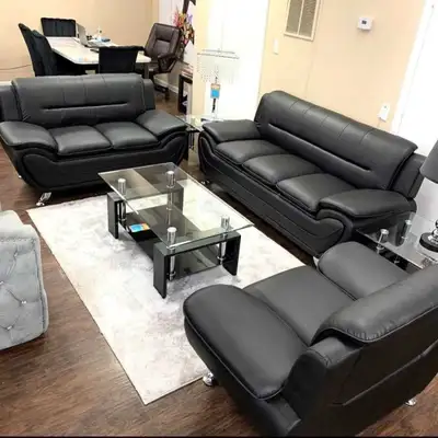 Black Leather 3 Piece Sofa Set – Modern Living Room Design, View more