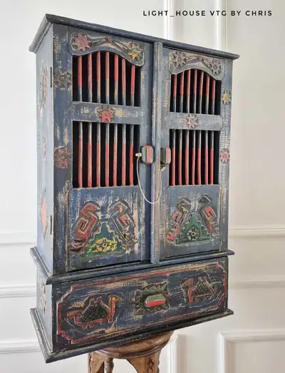 Hand-Carved Teak Folk Cabinet Rajasthan Original Hand painted, View more