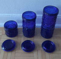 Vintage Cobalt Blue Glass Canister/ Storage Jar- Fruit Pattern