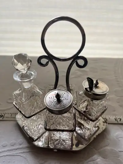 1905 Antique JB CHATTERLEY 9pc CRUET CONDIMENT SET, Glass Silver, View more
