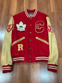 vintage roots varsity wool leather jacket made in canada
