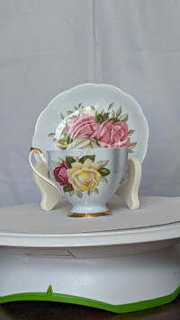 QUEEN ANNE ENGLAND Pale blue rose cup and saucer cabbage rose