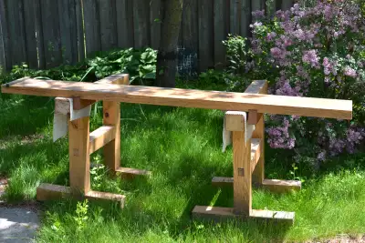 Quarter-sawn Oak outdoor workbench and sawhorses, View more