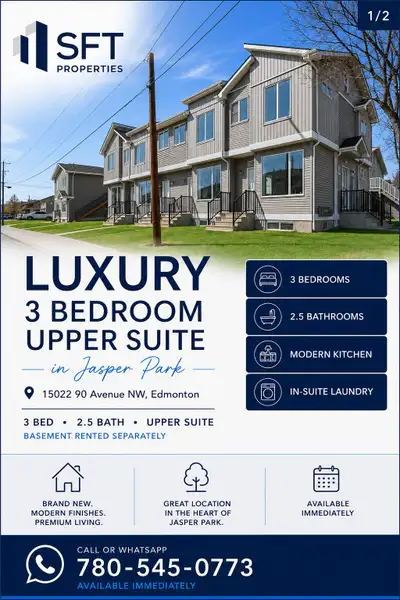 Beautiful newly built luxury 3-bedroom main-floor home located in the desirable Jasper Park neighbou...