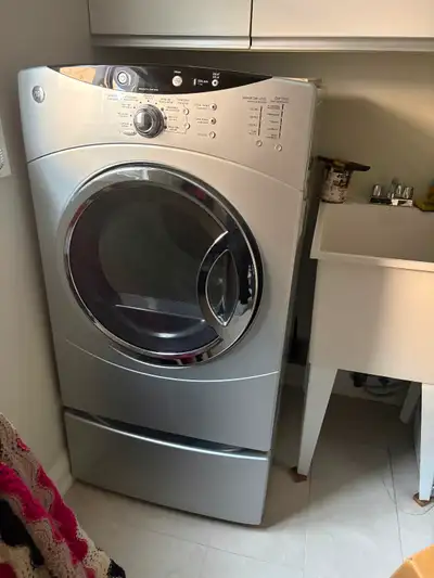 GE Dryer, Washer + 2 Pedestals, View more