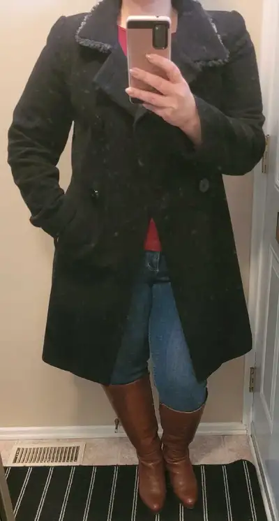Black wool-blend coat. A-line wrap-style, so fits curves nicely. Includes a soft grey collar which i...