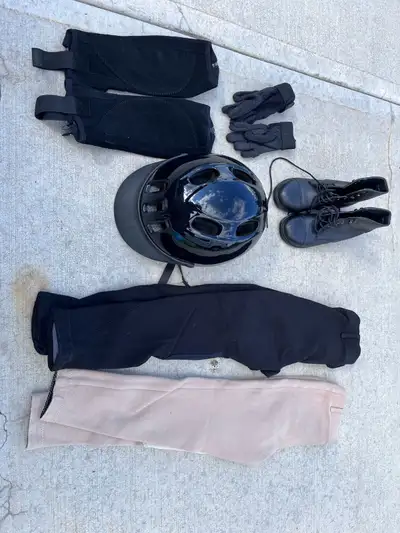 Child Horse Riding Gear Helmet - Size: XS Boots - Size: 13 Pants X2 - Size: 8 Chaps Gloves