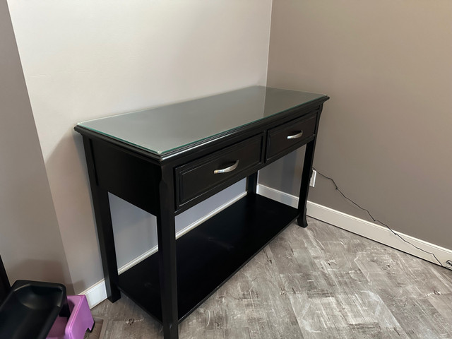 Console table, glass top, pre garage sale! | Other Tables | Calgary | Kijiji