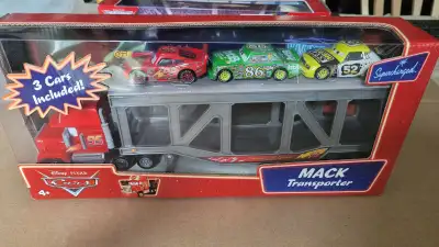 New in Box Disney Pixar Cars Mack Transporter includes 3 cars: Lightning McQueen Chick Leak Less Mar...