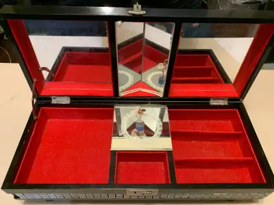 Beautiful vintage Japanese-style lacquer jewelry/music box with red velvet interior, mirrored panels...