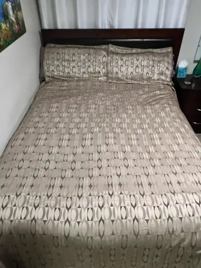 Reversible queen-size duvet cover with 2 queen pillow covers. Zipper closure. Has ties on interior c...