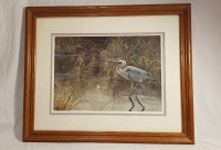 Great blue heron in marsh framed signed LE print ASY Chau 1989