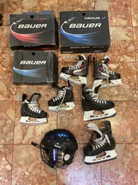 Lot of 4: 3 skates with original boxes + hockey helmet All Bauer