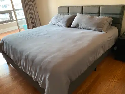 For sale, a grey bed frame, king size, perfect status, with a matching headboard and bedding. Headbo...