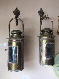 Set of 2 antique brass railway/ boat / light house oil lanterns