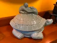 Large Green Ceramic Turtle Tortoise With Monkey On Top Of Shell