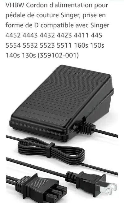 Voici une pédale pour machine à coudre SINGER compatible avec plusieurs modèles, dont les Singer 445...