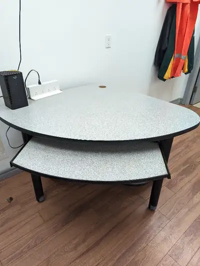 grey corner desk with middle pull out and shelf