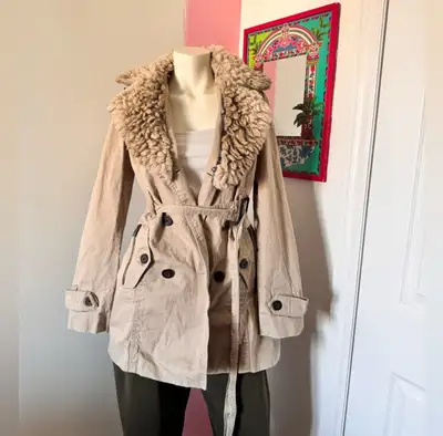 American Eagle Women’s Beige Fur Collar Trench Coat, View more