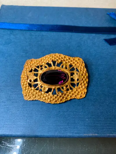ANTIQUE GOLD TONE  AMETHYST  PIN BROOCH JEWELED FILIGREE, View more
