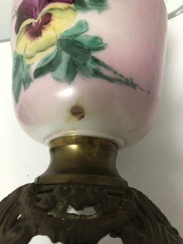 Antique Milk Glass Oil Lamp with Painted Pansy Pattern in Arts & Collectibles in Ottawa - Image 3