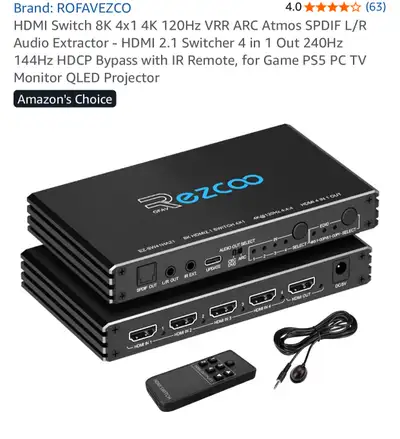 ROFAVEZCO 8K HDMI 2.1 Switch 4x1 w/ Remote Audio Extractor, View more