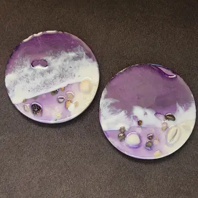 2 beach-themed HANDCRAFTED purple RESIN coasters, View more