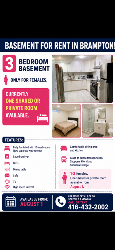 Furnished Basement Rooms for Rent – Brampton (Females Only) Available August 1 Clean, spacious, and...