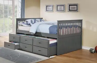 Twin Size Grey Captain Bed Includes Pull-Out Trundle Bed and 3 Pull-Out Drawers Top-Twin Bottom- Twi...