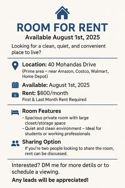 Room for Rent – Available August 1st, 2025