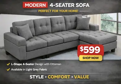 4 seater sectional sofa with ottoman Available in light grey, View more