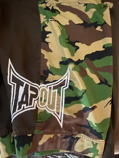 Rare Tapout collection Matt Hughes Former UFC WW champion fightshorts camo brown,as low as they can...