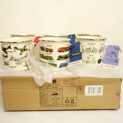 New 6-Piece Gift Republic Planes Trains Bicycles Enameled Mugs, View more