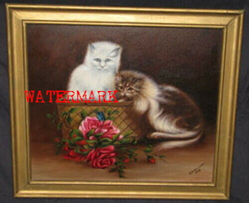 KITTENS, BUTTERFLY,ROSES, BASKET OIL PAINTING, SIGNED,1938 in Arts & Collectibles in City of Toronto