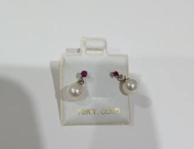 Brand New 10K Yellow Gold Pearl Ruby Earrings For Sale