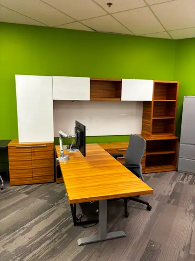 Executive Wood Desk Suite c/w electric height adj  main desk, View more