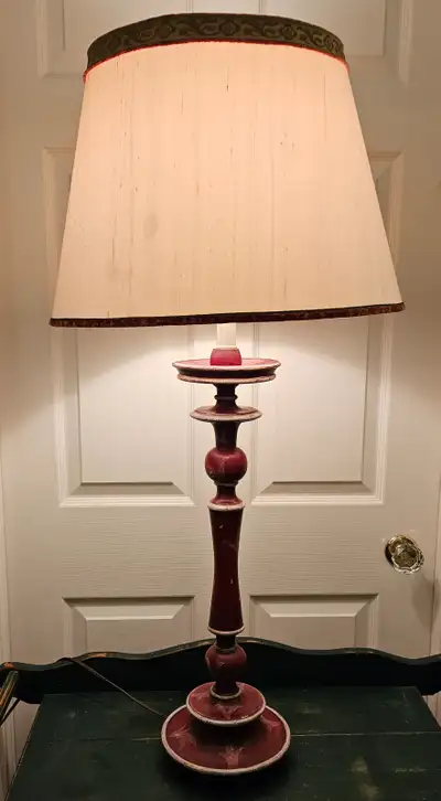 VTG MCM WOODEN RED AND GOLD TABLE LAMP FARMHOUSE,  MADE IN SPAIN, View more